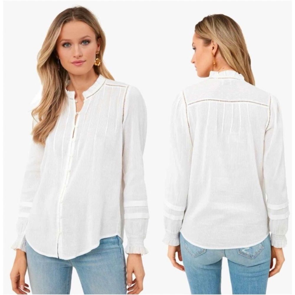 Faherty Willa Elegant White Long Sleeve Ruffle Trim Blouse Size Small Cotton